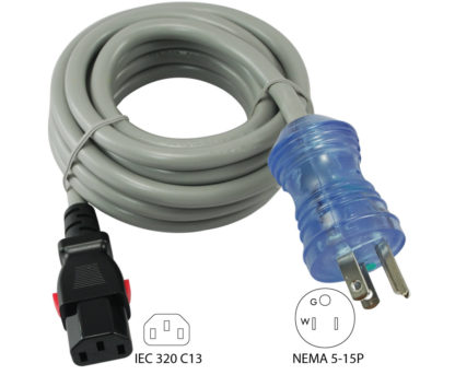 NEMA 5-15P Green Dot Sealed Male Plug to IEC 320 C13 Push Lock Female Connector Hospital Grade Power Cord