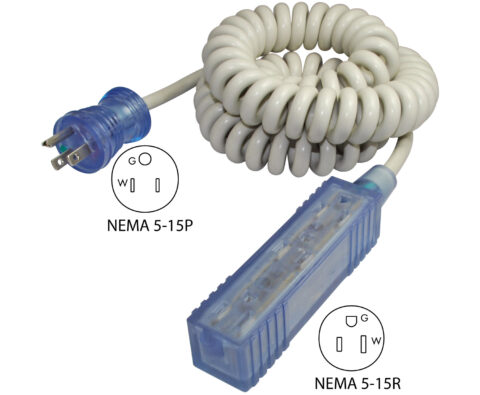 NEMA 5-15P to (3) NEMA 5-15R Hospital Grade Power Strip With Coiled Cord