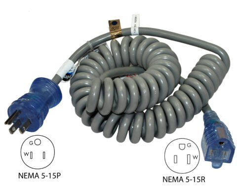 NEMA 5-15P to NEMA 5-15R Coiled Hospital Cord