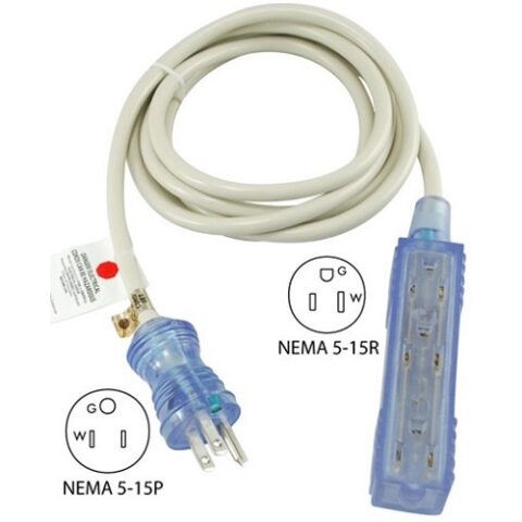 NEMA 5-15P to (3) NEMA 5-15R Hospital Grade Power Strip With Attached Cord