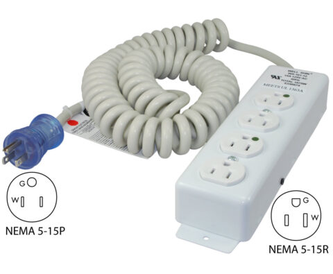 NEMA 5-15P to (4) NEMA 5-15R Hospital Power Strip With Coiled Cord