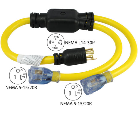NEMA L14-30P to (2) NEMA 5-15/20R Y-Adapter
