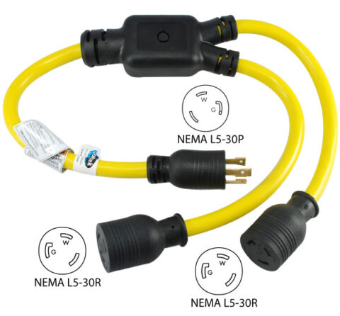 NEMA L5-30P to (2) NEMA L5-30R Y-Adapter