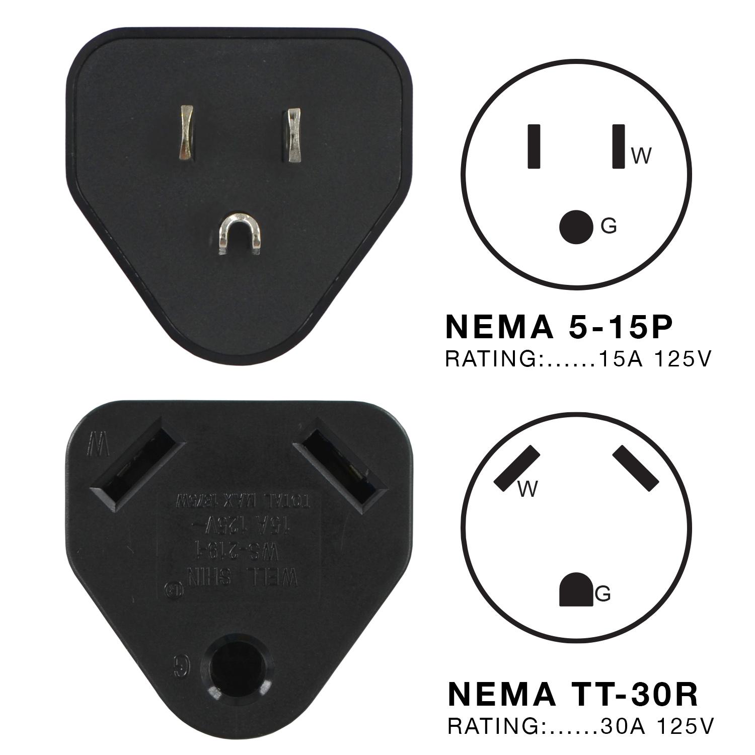 NEMA 5-15P to NEMA TT-30R Plug Adapter