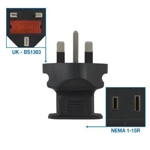 UK – BS1363 plug to NEMA 1-15R connector