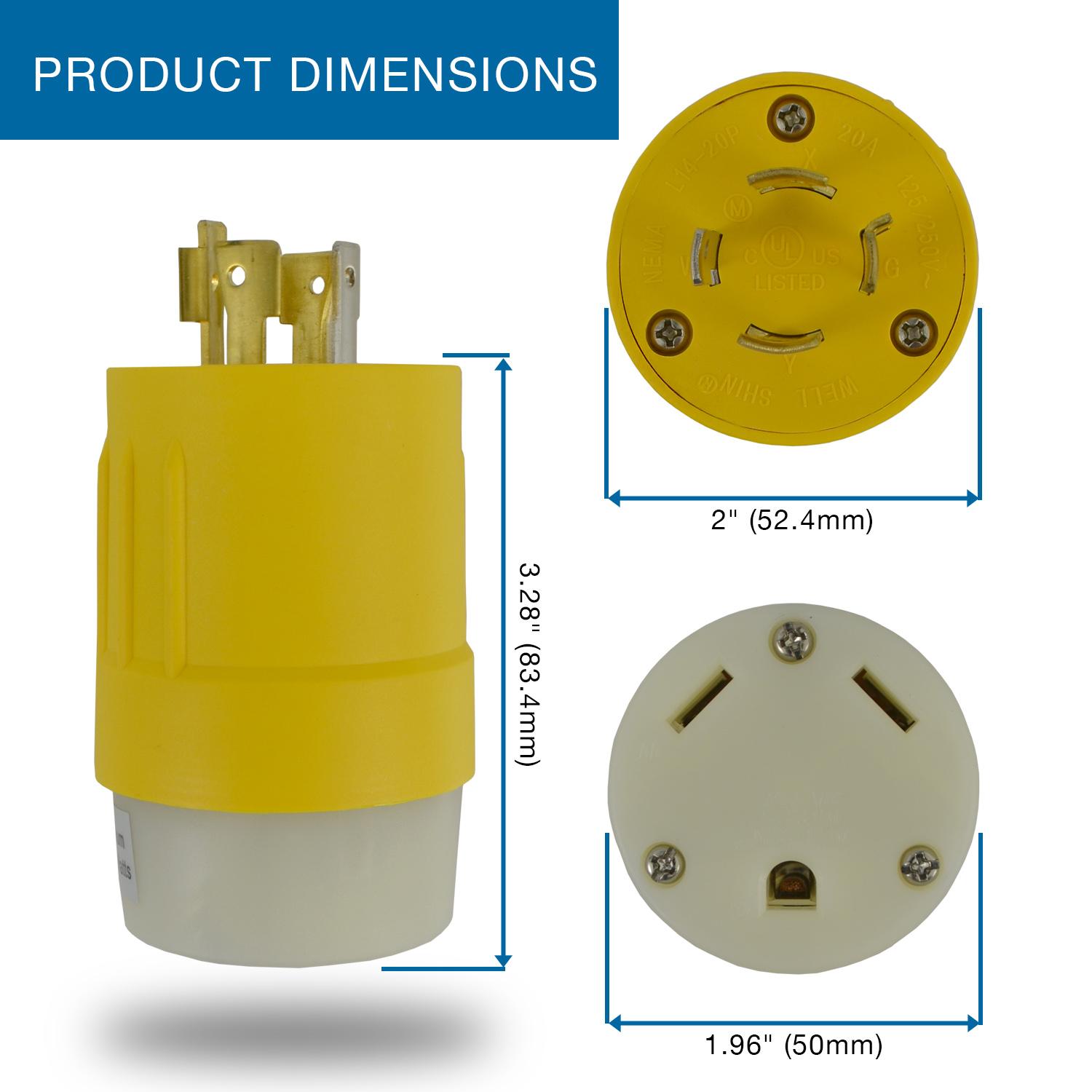 Product Dimensions for L14-20P to TT-30R Plug Adapter