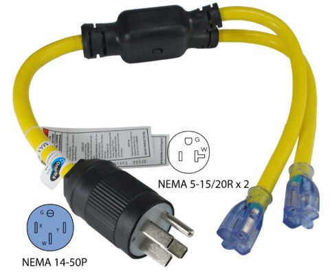 NEMA 14-50P to (2) NEMA 5-15/20R Y-Adapter