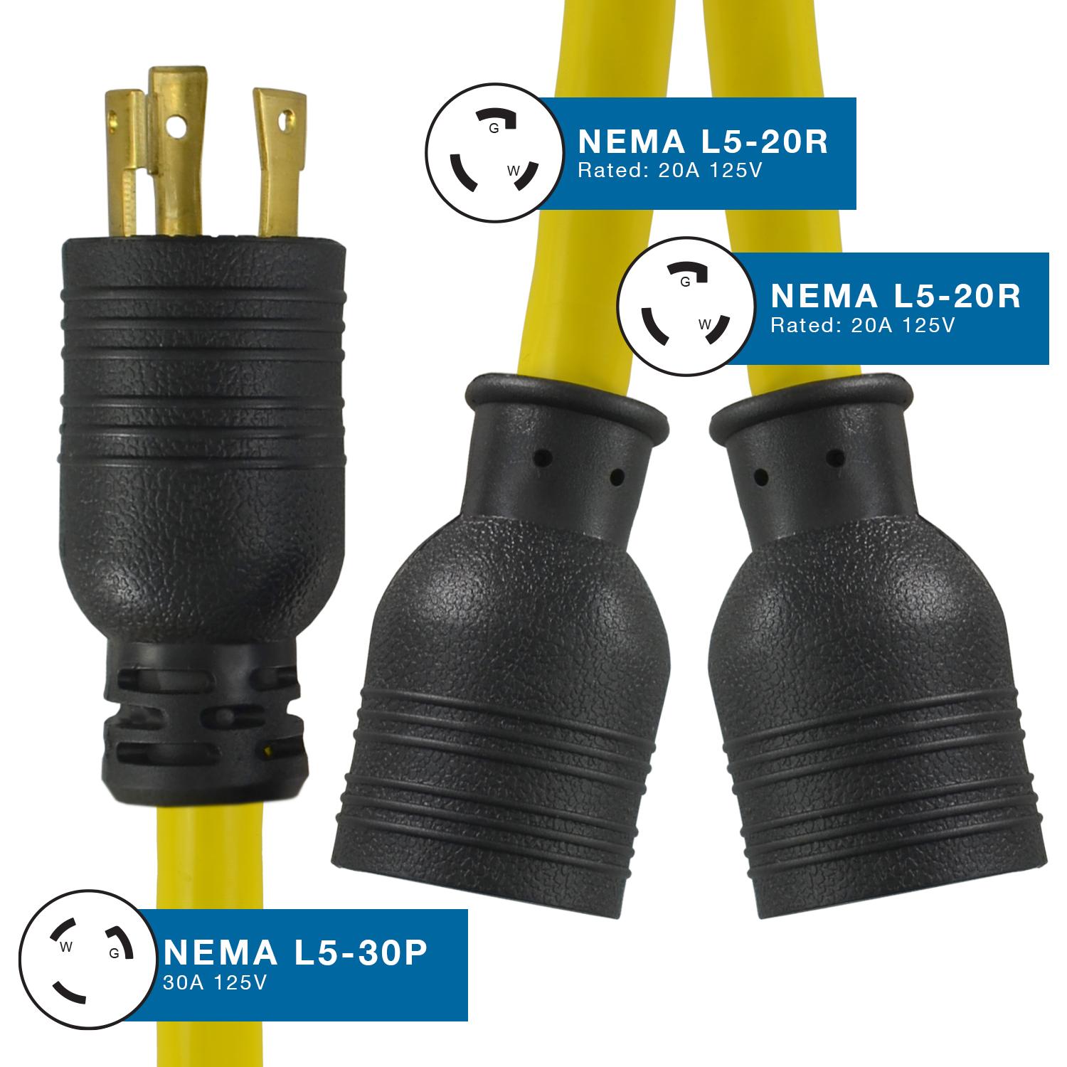 SKU# YL5230520: NEMA L5-30P to (2) NEMA L5-20R Connectors