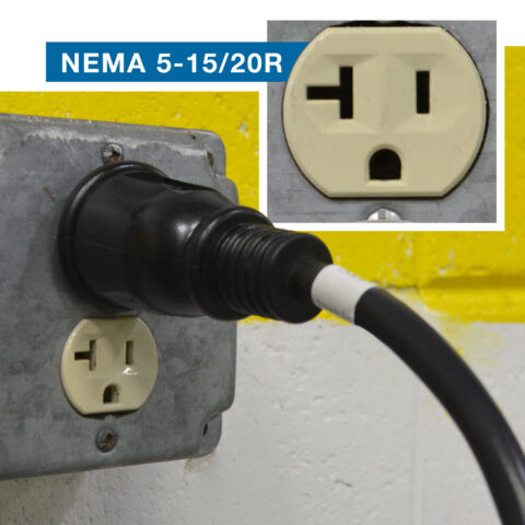 NEMA 5-20P plug connected into a NEMA 5-15/20P Receptacle