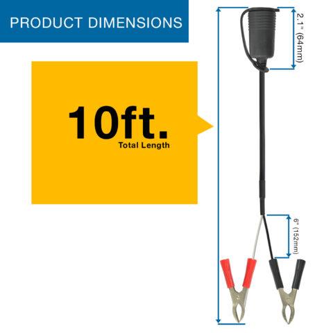 SKU# 13210-DC: 10ft Battery Clip to 12V Cigarette Lighter Adapter Product Length
