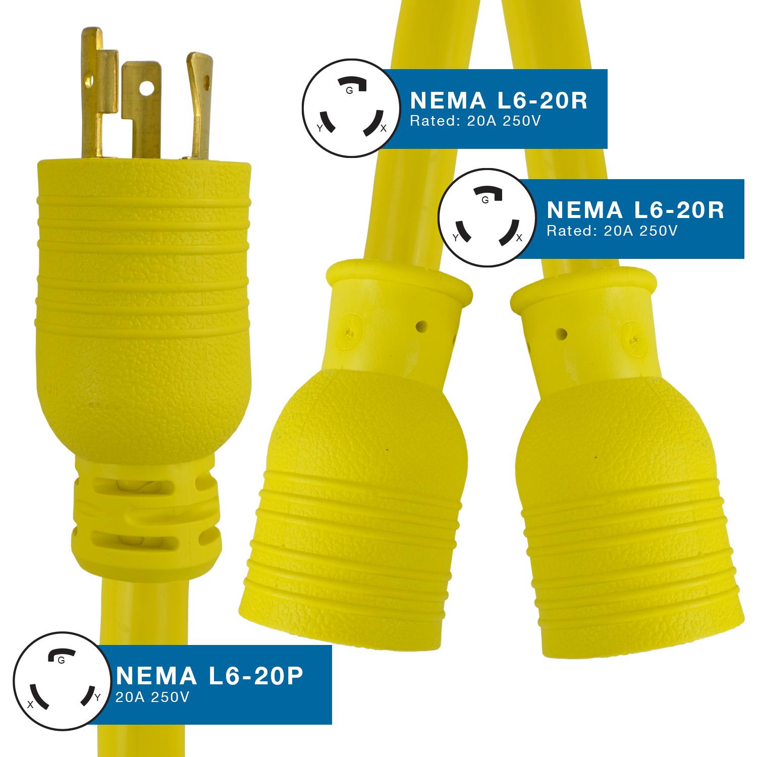 SKU# YL620L620: NEMA L6-20P to (2) NEMA L6-20R Connectors