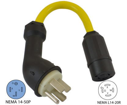 NEMA 14-50P to NEMA L14-20R Pigtail Adapter