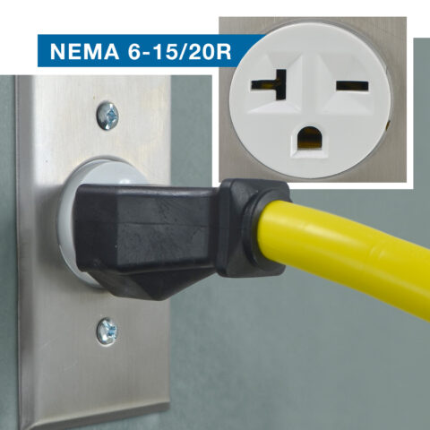 NEMA 6-20P plug connected into a NEMA 6-15/20R Receptacle