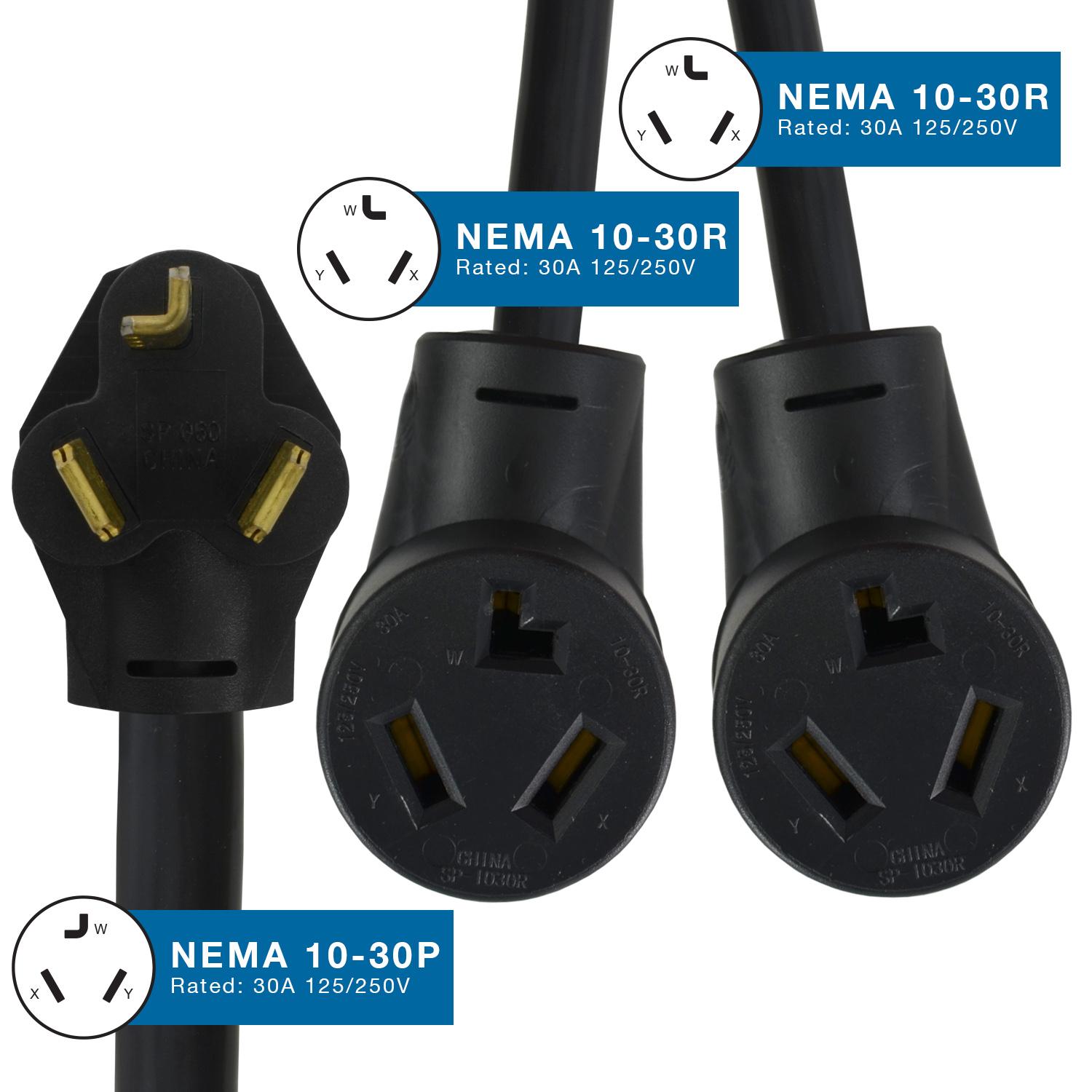 SKU# Y1030PR2: NEMA 10-30P to (2) NEMA 10-30R